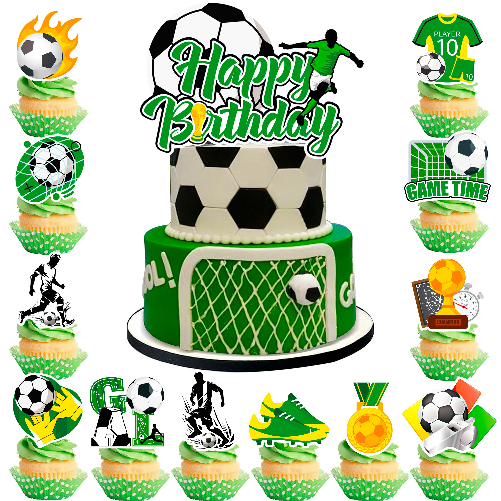 Voetbal taart decoraties, 13 stuks voetbal taart topper set - voetbal cupcake toppers + voetbal taart topper voor voetbal verjaardag: Default Title