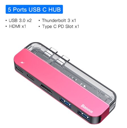 Baseus Thunderbolt 3 Dock USB Type C to HDMI HUB Adapter for MacBook Samsung Dex Galaxy S10/S9 USB-C Converter Thunderbolt HDMI: Red 5 in 1 USB HUB