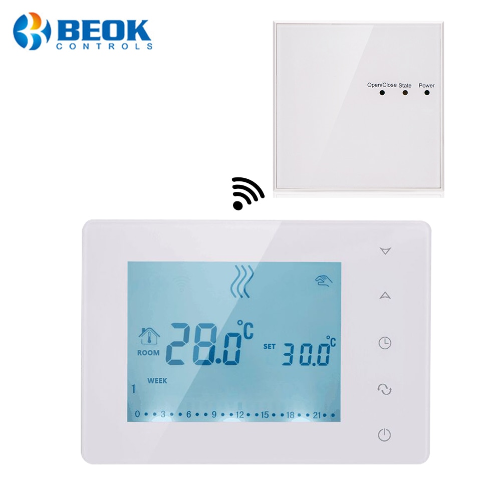Beok Wireless Thermostat for Gas Boiler Temperature Controller Radio Frequency Room Heating AA Battery Powered BOT-X306