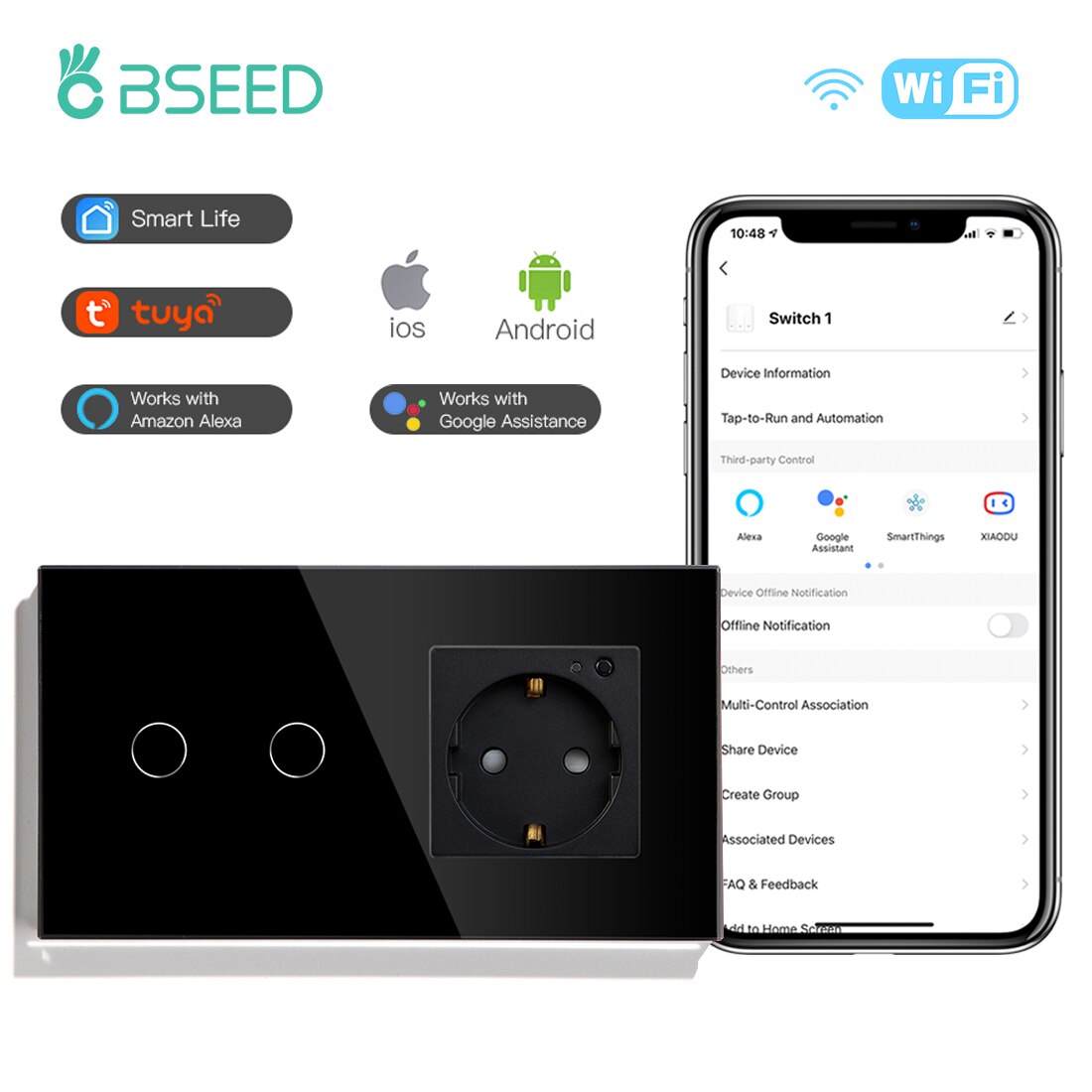 BSEED EU Standard Smart Socket Wifi Touch Switches Crystal Glass Panel Tuya Smart Switch 1/2/3Gang 1/2/3Way Alexa APP Control