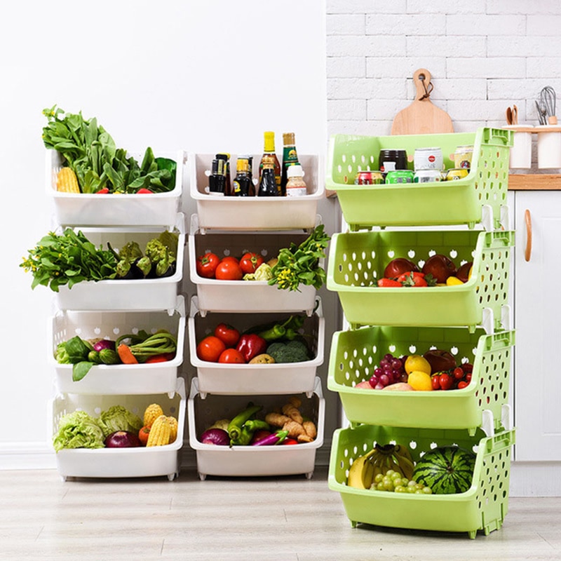 1Pcs Plastic Can Be Stacked Storage Basket Fruit And Vegetables Holders Rack Store Many Debris Kitchen Tools FY0047