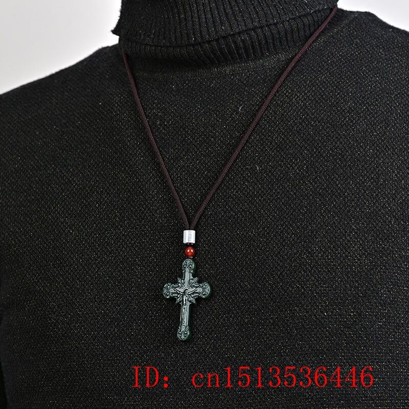 Natural Hetian Jade Jesus Cross Pendant Necklace Jadeite Jewelry Men Buddhist Lucky Carved Charm Women Amulet