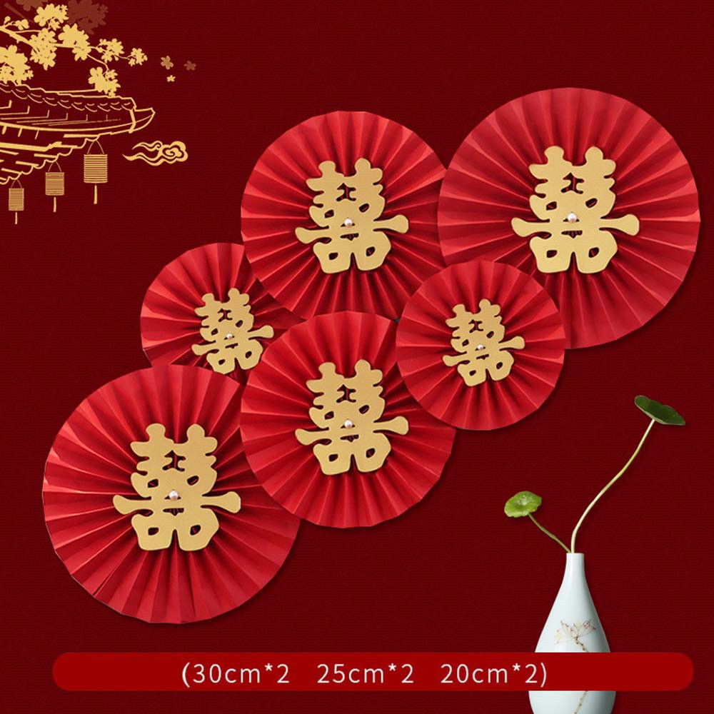 Abanico de boda rojo de estilo chino, manualidades de papel colgantes con flores, decoración de pared de salón para dormitorio, abanico de Origami, suministros para fiestas DIY, 6 uds.