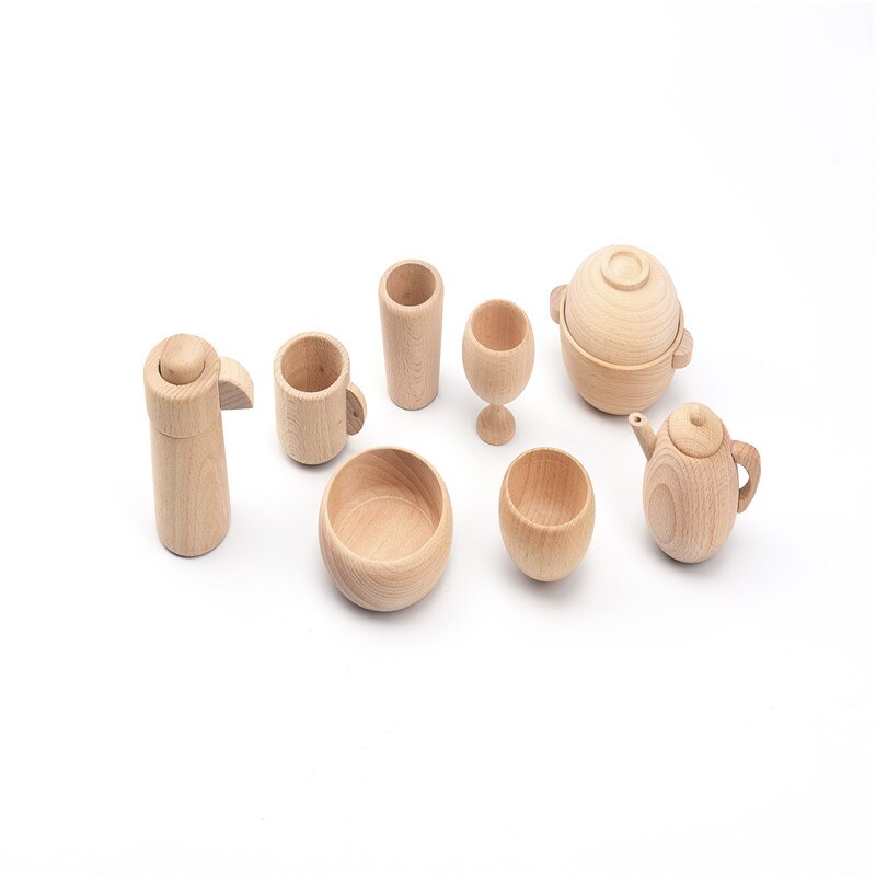 1-6 Years Old Wooden Unpainted Play House Kitchen Cooking Toy Teapot Teacup Red Wine Glass
