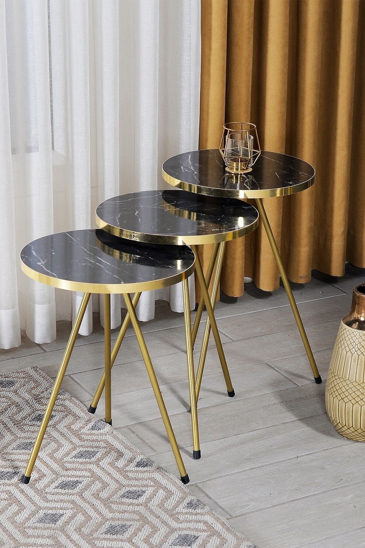 3 pièces table basse bois moderne canapé table d'appoint meubles de maison mignon salon chevet petite table ronde créative décor à la maison: black gold