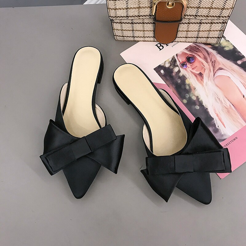Zomer Vrouwen Schoenen Koreaanse Zijde Satijn Wees Teen Strikje Slippers Baotou Flats Hak Slides Slip Op Semi Slippers buiten