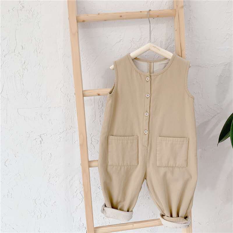 Herfst Winter Meisjes Lange Koreaanse Stijl Katoen Kinderen Jumpsuit Effen Kleur Pocket Enkele Breasted Ronde Hals Mouwloze Mode: Khaki / 2T