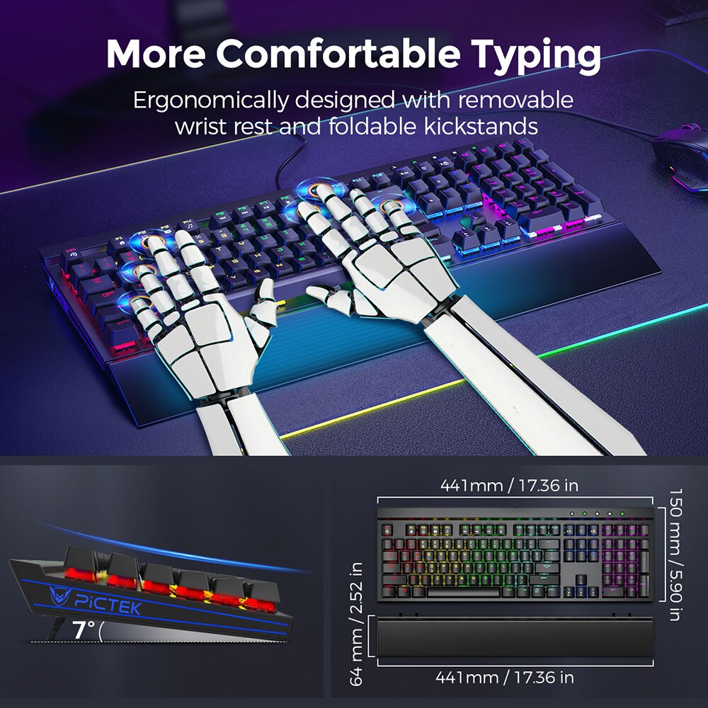 PICTEK PC248 Gaming Mechanical Keyboards Blue Switch Wired Keyboard With Rest Wrist Anti-ghosting RGB Backlit For PC Gamer Win