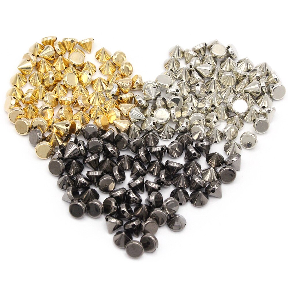 Picos y tachuelas de plástico cónico de 8/10MM, 2 agujeros, para coser, para tela, plata, oro, negro, CCB, remaches de cuero, artesanías Punk para bolsas
