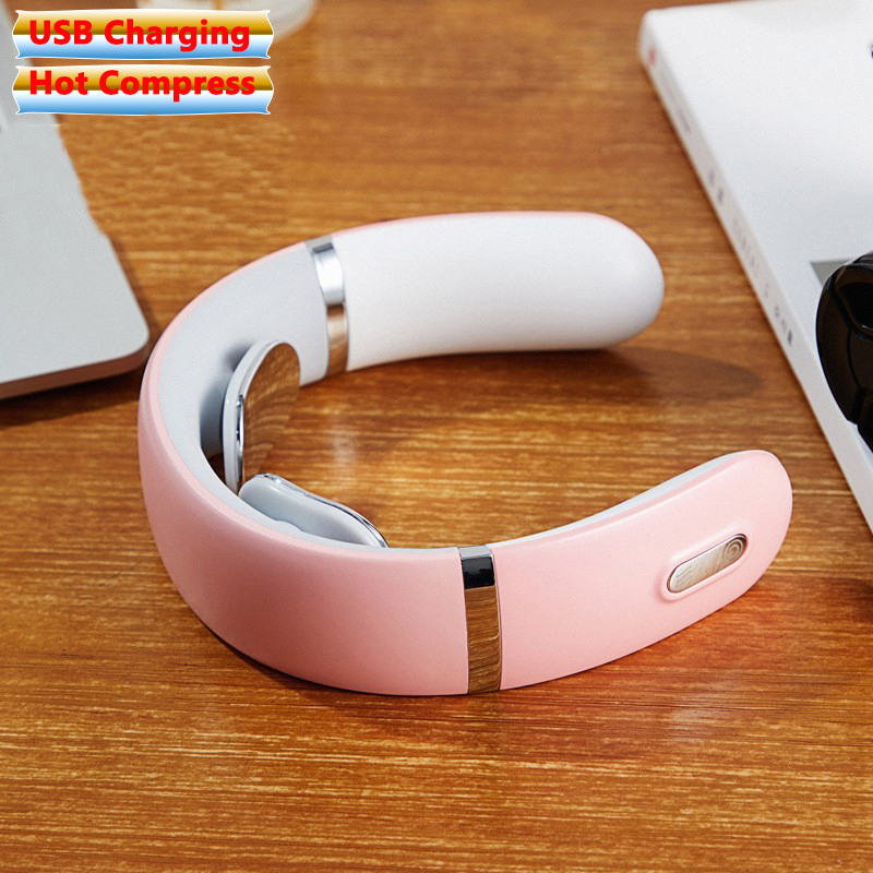 Smart Electric Neck Massager Heating Pulse Cervical Massage Remote Control Voice Broadcast Neck Pain Relief Relaxation Tool: Type 2 pink
