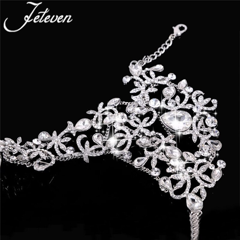 Clear Crystal Bridal Ring Bracelet Luxury Tear Rhinetone Chain Link Bangle Finger Ring Wraps Slave Bracelet Wedding Jewelry