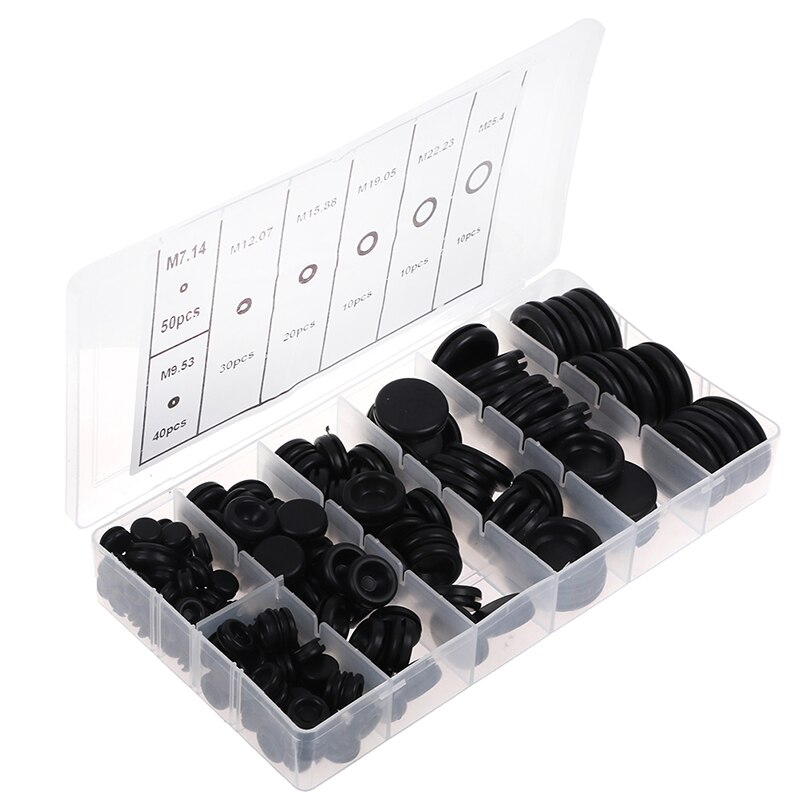 170 stk / kasse 7 størrelser gennemføring pakning gummi gennemføring til ledningskabel sort sortiment sæt elektrisk ledning pakningssæt