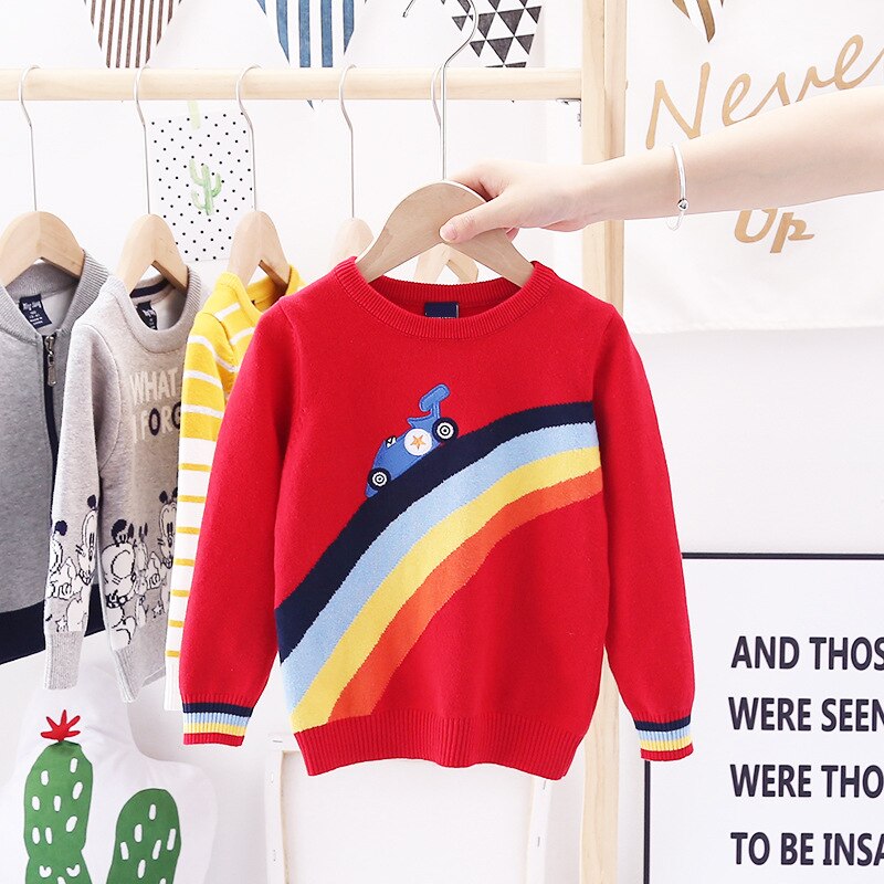 3-7t småbørn dreng dreng sweater vinter varm strikket pullover top langærmet regnbue bil print sweater sødt outfit: 1 / 6