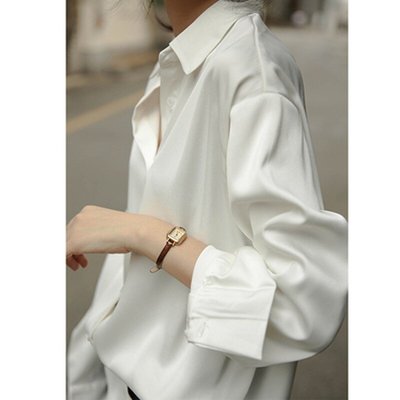 Aecu dam blusar långärmad retro turn down krage blus siden satin lös skjorta dam randig tunika plus size: Vit / L