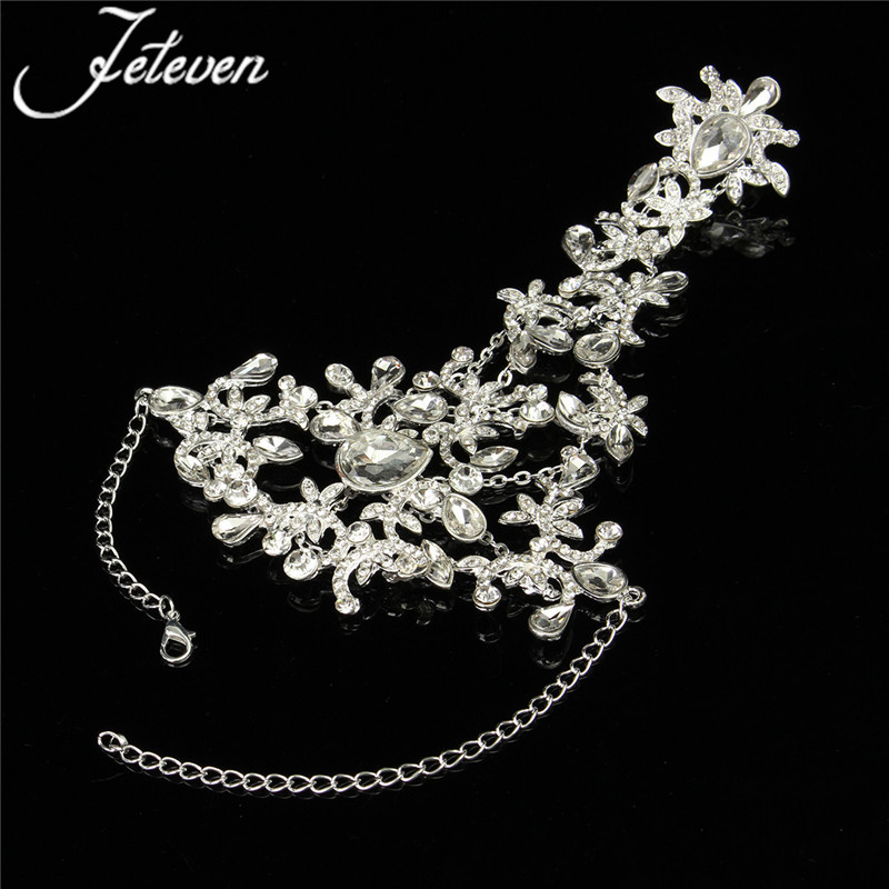 Clear Crystal Bridal Ring Bracelet Luxury Tear Rhinetone Chain Link Bangle Finger Ring Wraps Slave Bracelet Wedding Jewelry