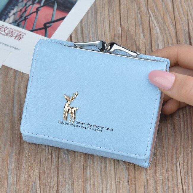 Cartoon Leather Women Purse Pocket Ladies Clutch Wallet Women Short Card Holder Cute Girls Deer Wallet Cartera Mujer: Blue