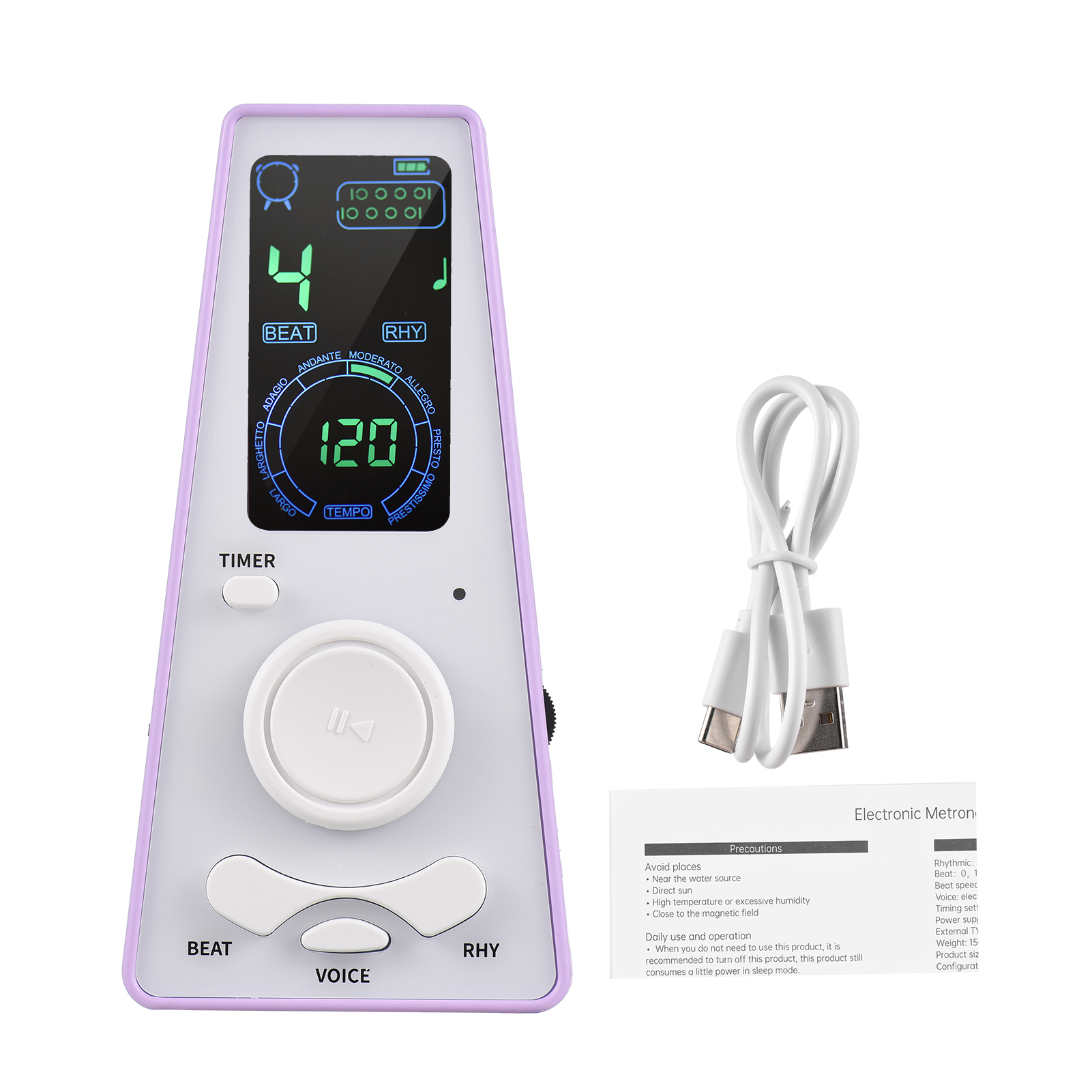 Elektronische digitale metronoomtimer Universele elektronische metronoom met volume- en beatsnelheidsregeling Batterij USB-metronomen: Paars