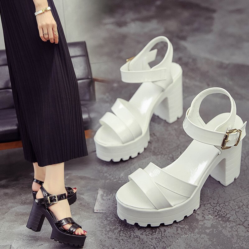 Zapatos de tacón con cuña para mujer, sandalias de PU, color blanco y negro, talla 35, 36, 37, 38, 39,