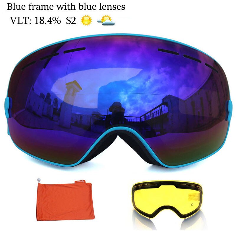 Anti-fog Ski Goggles UV400 Ski Glasses Double Layers Skiing Snowboard Snow Goggles Ski Eyewear With One Graced Brightening Lens: All Blue