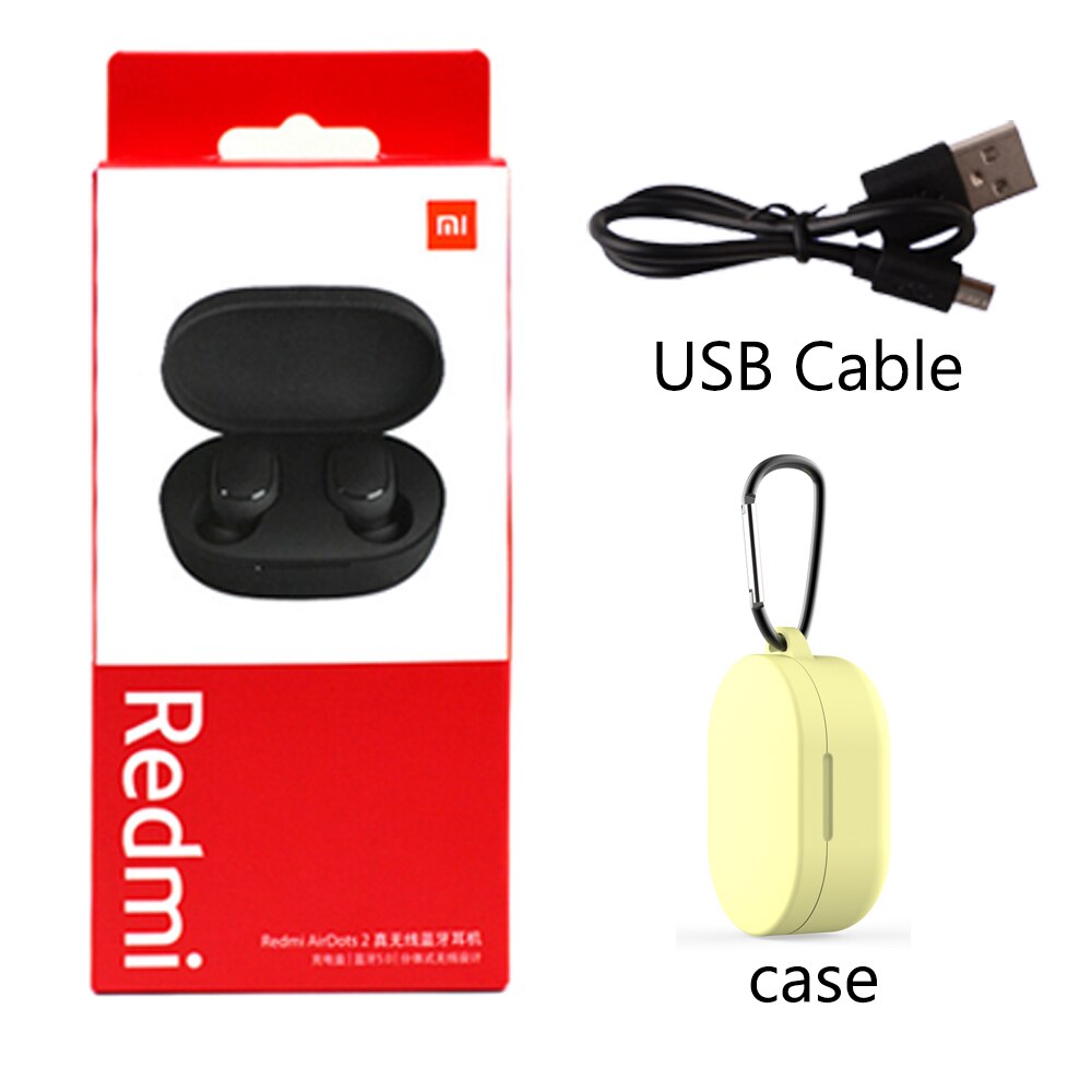 Original xiaomi redmi airdots 2 sem fio bluetooth 5.0 tws fone de ouvido para a esquerda direita modo baixo lag: add yellow case