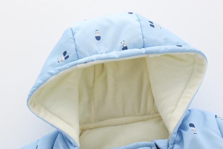 Inverno bambini vestiti per bambina pagliaccetto e guanti per neonato in cotone spesso stampato cartone animato blu tuta da neve per neonato