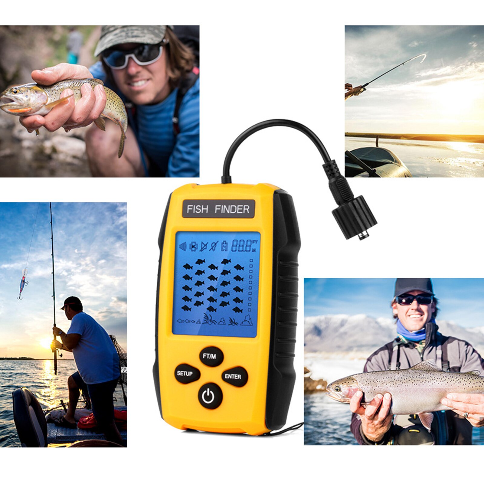 Fish Finder Fishing Transducer Handheld Fish Finder with LCD Display Depth Readout 328ft