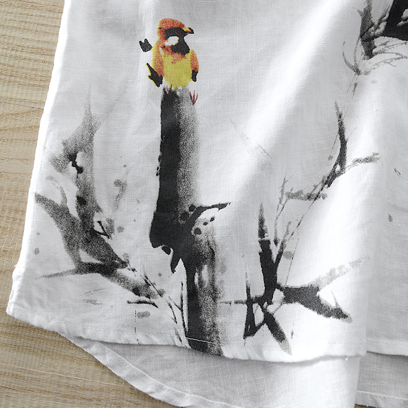 Camisa de lino puro para hombre, Camisa de manga corta con cuello levantado, estampado de pintura de tinta china, de lino blanco