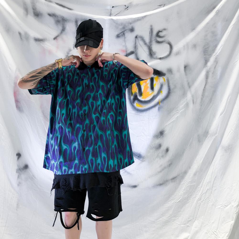 Mørkt ikon blå flamme hawaiiansk skjorte street herreskjorte oversized skjorter for menn