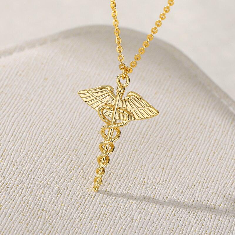Halskette mit äskulapstab-anhänger aus edelstahl, schmuckstück mit äskulapstab-symbol, halskette mit caduceus-symbol für damen