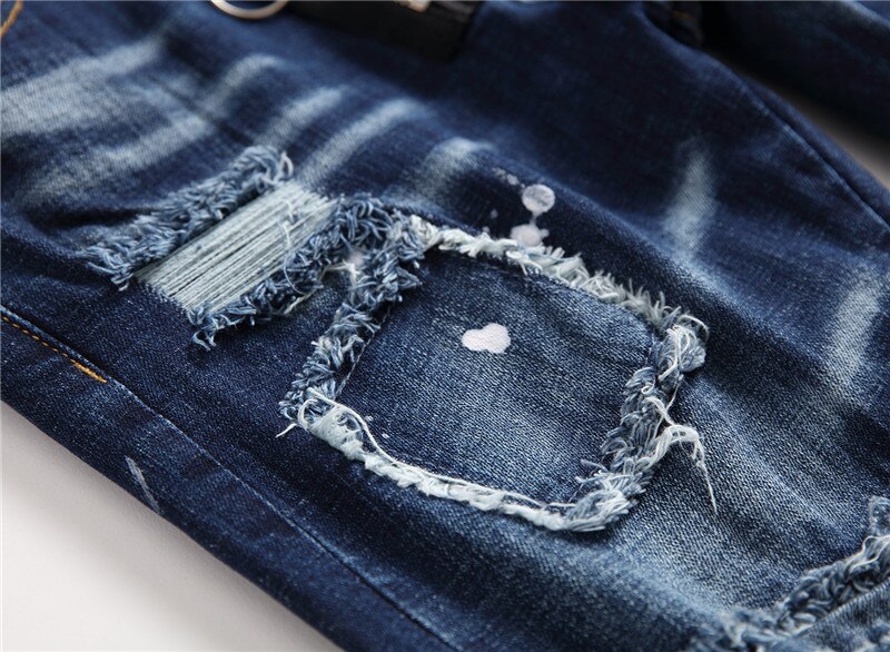 Light Luxury Men’s Ripped Jeans,Hole Patches Slim Fit Jeans,White Spot Prints Denim Pants,Street Casual Jeans Pants;