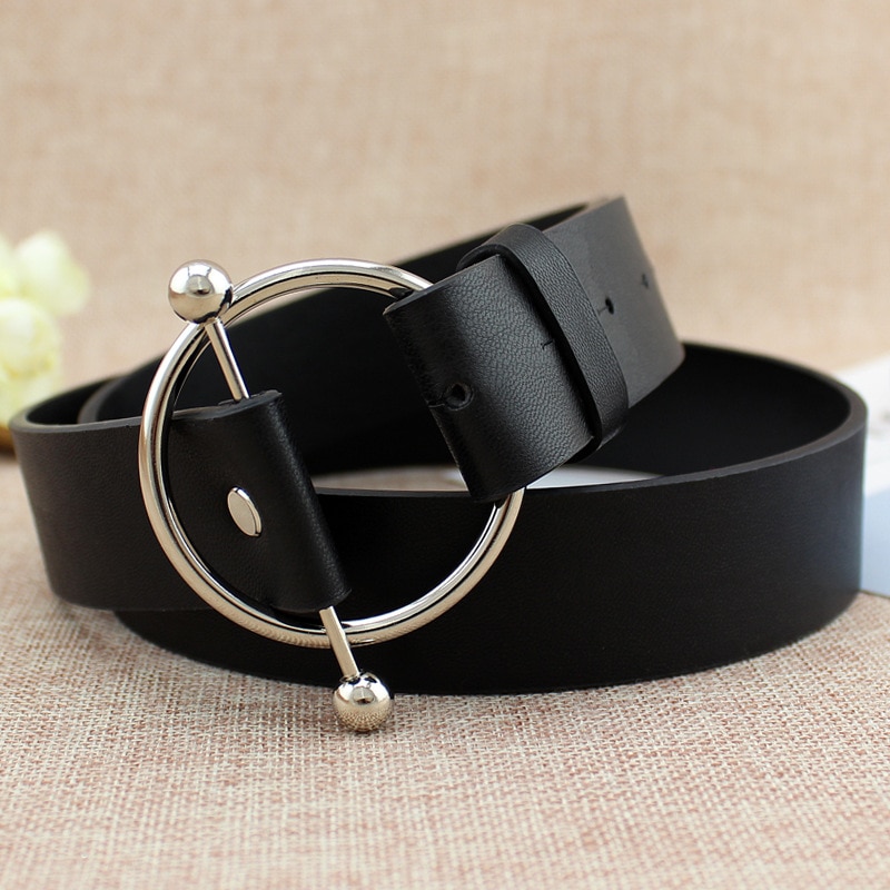 Newest Silver Round buckle belts woman women's belts without pin metal buckle black leather strap belt dames riemen