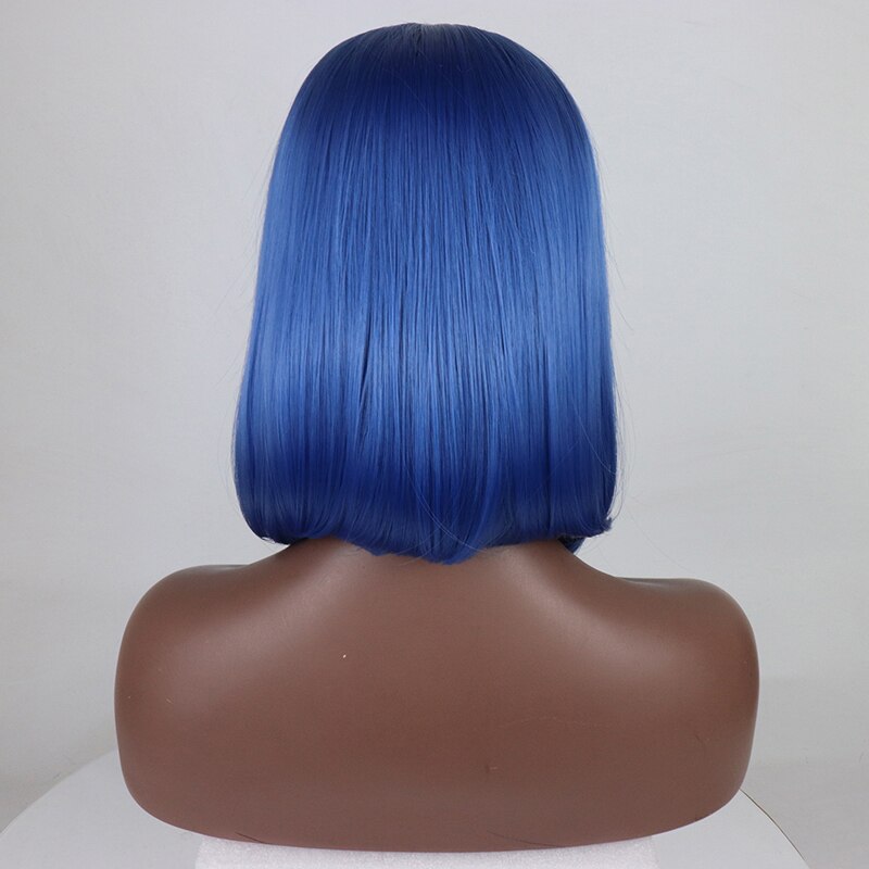 Bob azul frente do laço cabelo sintético em linha reta curto peruca do laço pré arrancado com o cabelo do bebê para preto