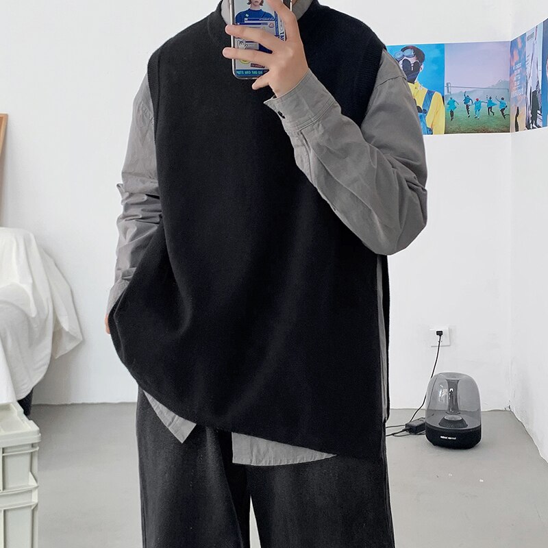 Sweater vest herre sort side-slids strikke ins trendy løs oversize herre solid outwear sweaters harajuku vintage bf