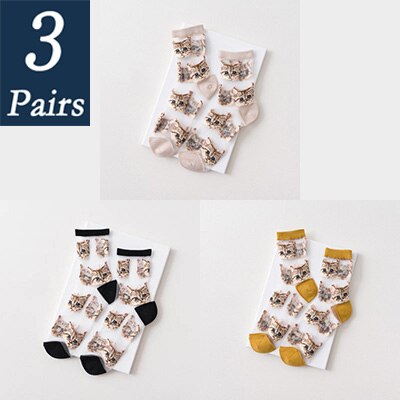 3 par kvinnor och #39 sommar genomskinliga nätstrumpor tecknad söt kattstrumpa bomull glasfilament tunna damstrumpor som andas: 13