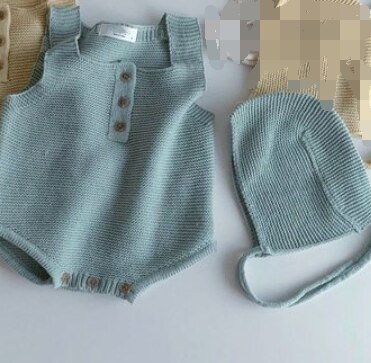 Herfst Baby Jongens Meisjes Gebreide Candy Kleur Mouwloze Bodysuit Met Caps Zuigelingen Katoen Warm Overall: Blauw / 12M (tag size 80cm)