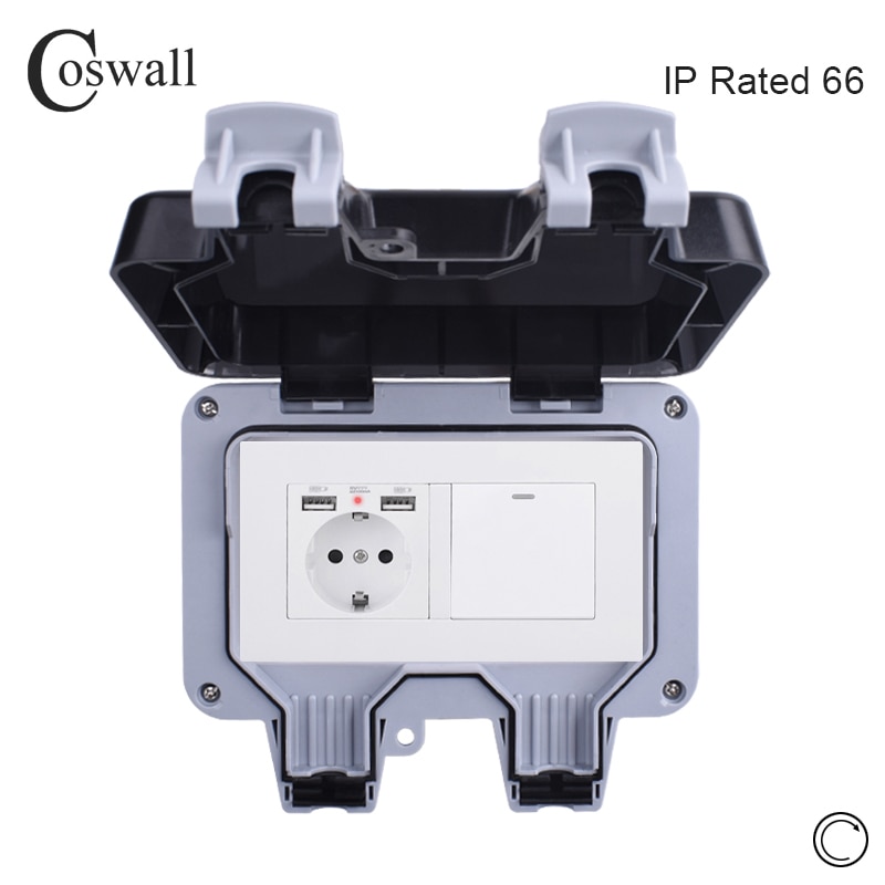 Coswall IP66 Waterproof Outdoor EU Standard Wall Socket With 2 USB Charge Port + 1 Gang Momentary Contact Push Button Switch
