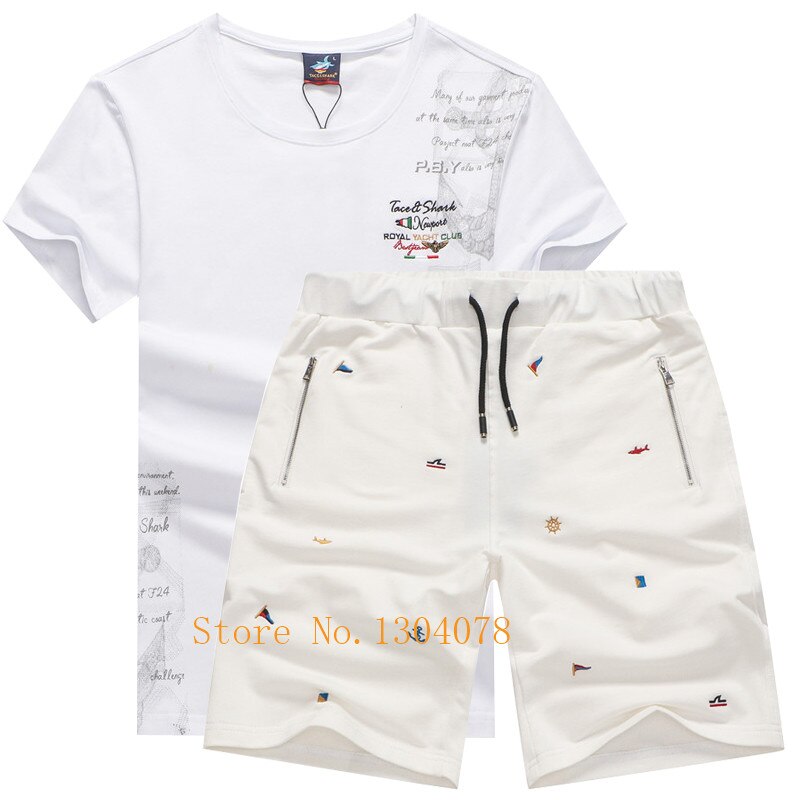 Sommarkläder set herr träningsoverall bomull tvådelade set träningsoveraller make sportkläder märke haj mans t-shirt shorts joggingbyxor: Vitbeige / L