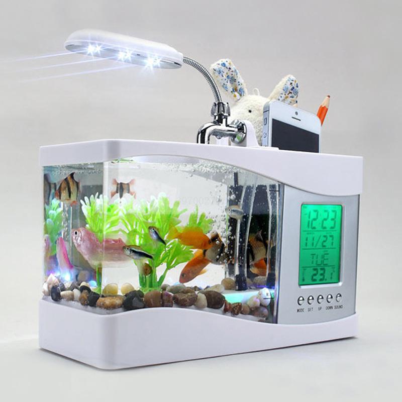 Aquarium Zwart/Wit Usb Mini Aquarium Aquarium Aquarium Met Led Lamp Licht Lcd-scherm Klok Aquarium aquarium