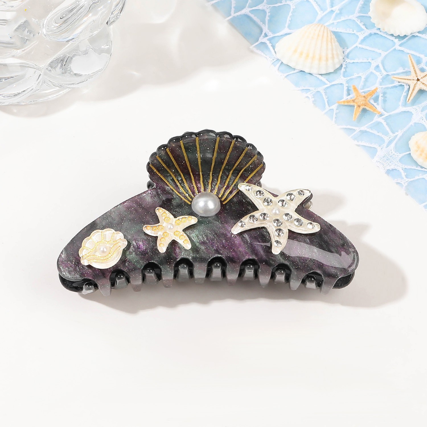 YHJ-garra para el pelo de estrella de mar para mujer, pinza para el pelo de acetato con diamantes de imitación, joyería de vacaciones, pinzas para el pelo, accesorios para el cabello: Castaño