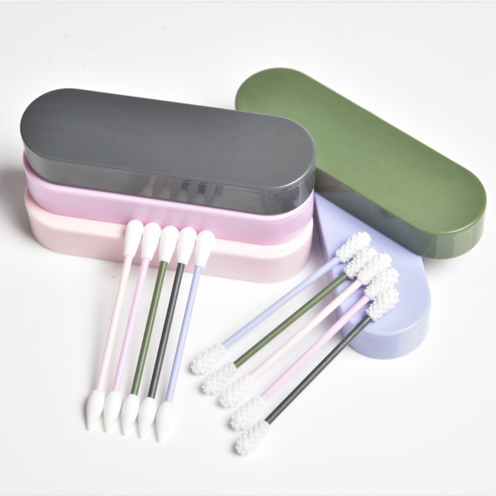 2pc bærbare til lastswab silikone vatpinde genbrug make-up bomulds swab øre rensepind dobbelt hoved