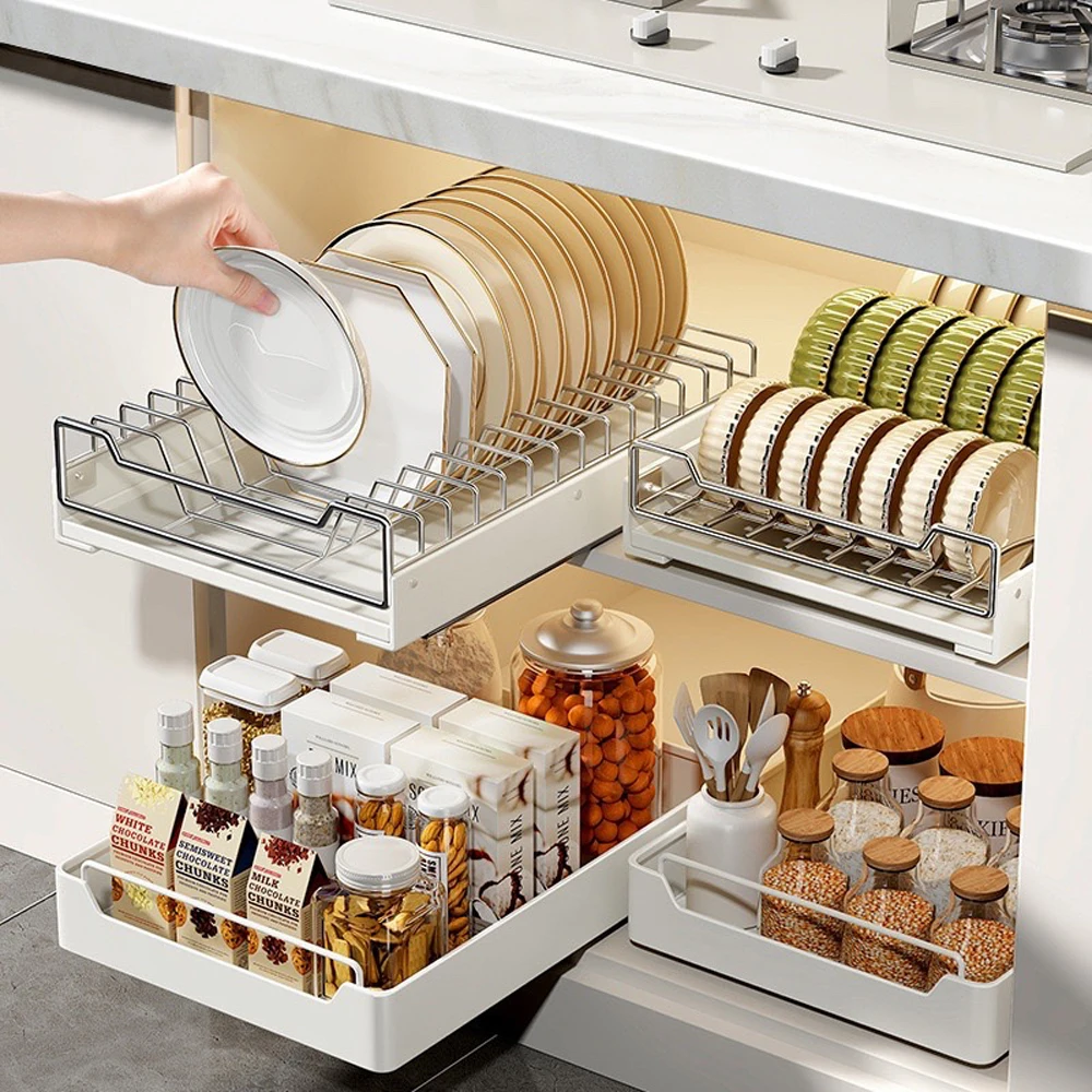 organizador de cocina extraíble, estante de almacenamiento con rieles deslizantes, tipo cajonera, cuenco, almacenamiento de platos, caja de especias, estante organizador, gabinetes