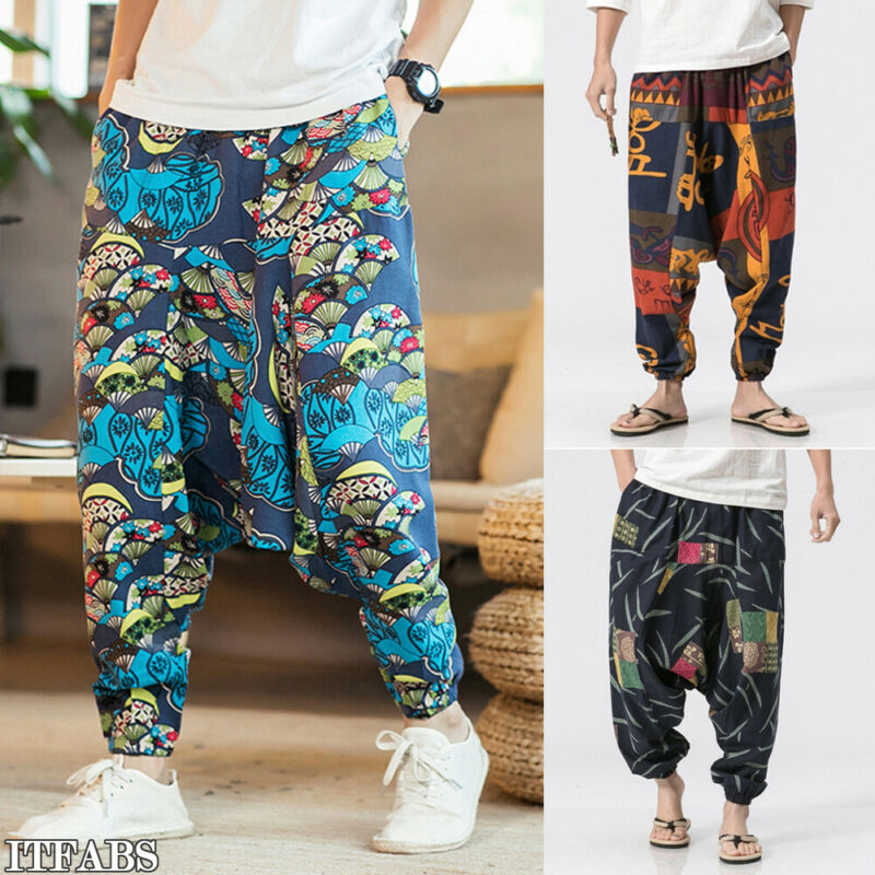 Harem Pants Hip Hop Aladdin Hmong Baggy Cotton Linen Harem Pants Men Women Plus Size Wide Leg Trousers Pants Cross-pants