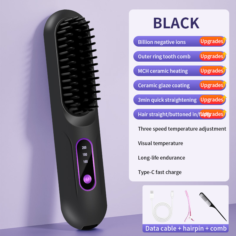 Peine de pelo liso con calefacción eléctrica, pantalla LCD, USB, inalámbrico, portátil, herramienta de peinado de iones negativos, cepillo alisador recargable: Negro