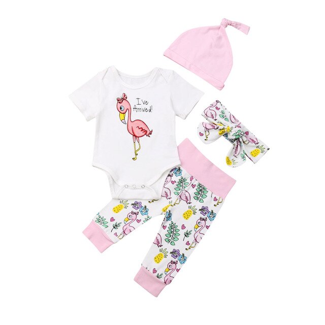 Baby Zomer Kleding Baby Kids Baby Meisje Jongen Kleding Cactus Print Korte Mouw Romper Tops + Broek + Hoofdband + hoeden 4 stuks Sets: flamingo Print / 12m