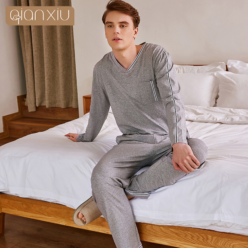 Qianxiu Paar stijl mannen pyjama lingerie comfortabele Effen kleur thuis kleding 18101