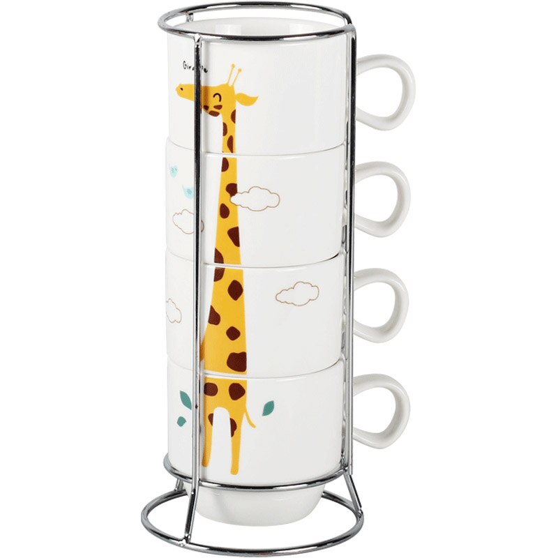 Ceramic Coffee Mug Stacking Cup Teacup Home Set Ceramic Cup Fun (4 Cups + 1 Cup Holder)