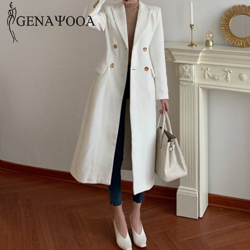 Genayooa kvinnor vinter vit kappa ull kontor damer lång kappa varm dubbelknäppt överrock koreansk