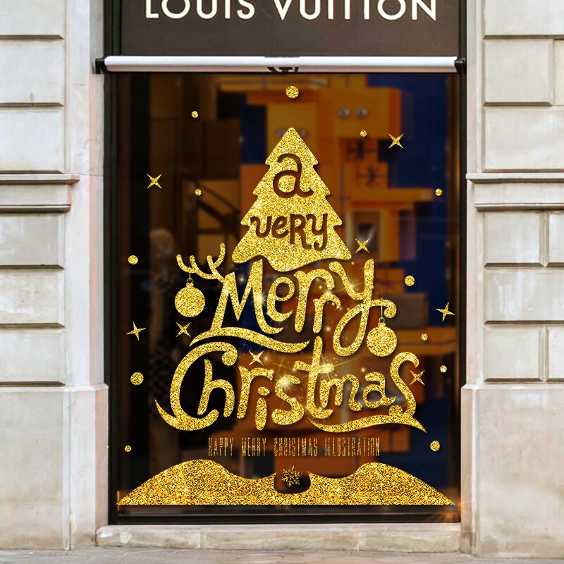 Gold Powder Merry Christmas Sticker Window Kids room Christmas Tree Wall Sticker Home Decals Decoration Year wallpaper
