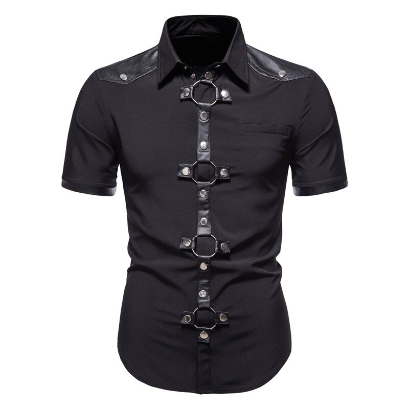 Mens Dress Shirts Short Sleeve Summer Goth Style Rivet Solid Color Social Shirt Homme Men Steampunk Slim Fit Chemise Streetwear: Black / XXL