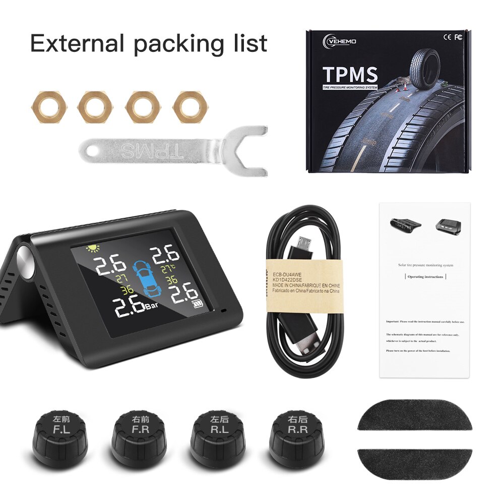 TPMS Car Tire Pressure Monitoring System With 4 External Sensor Real Time Monitor Tyre Pressure Car Security Accessories TMPS: all black